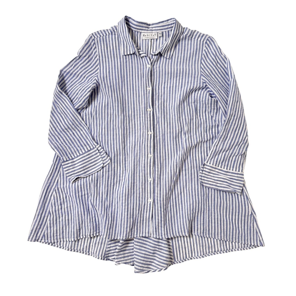 Habitat Button Down Tunic Medium Blue White Stripe High Low Pleat Back Top